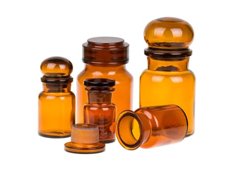 Set of vintage brown apothecary bottles isolated on white background