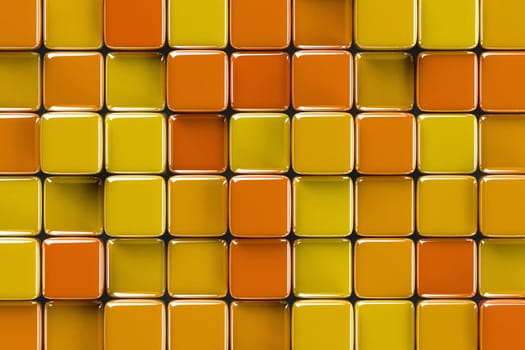Abstract geometric background with glossy orange glass cubes of various height.