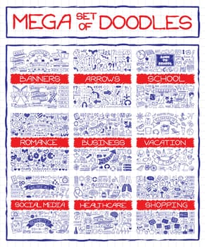 Mega set of doodle social, business, medicine, vacation and school icons, banners, arrows and speech bubbles. Hand drawn pen on notepaper effect. Infographics designer elements. Vector illustration.