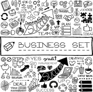 Hand drawn business icons set with arrows, diagrams, puzzle pieces, thumbs up and more. Chalkboard effect. Vector Illustration.