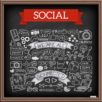 Doodle social media icons set with chalkboard effect. Networking concept with speech bubbles, mobile phone, tags with captions and other design elements