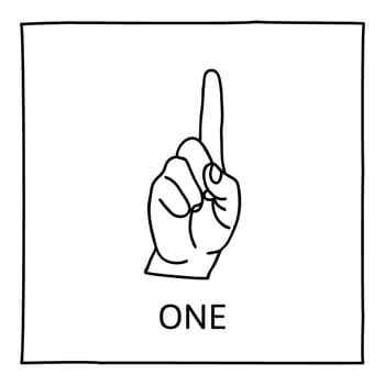 Doodle Palm icon. Counting hands showing one finger. Graphic design element for teaching math to young children as school printout. Great for showing numbers on your design in a fun and creative way.