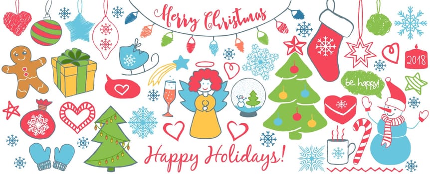 Christmas doodles banner or greeting card hand drawn in line art style, isolated on white background. Vector illustration.
