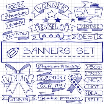 Doodle banner and tag icons with captions and stars, blue pen effect. Vector illustration.