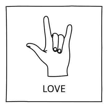 Doodle LOVE icon. Hand drawn gesture symbol. Line art style graphic design element. Sign language gesture. ILY concept. Vector illustration