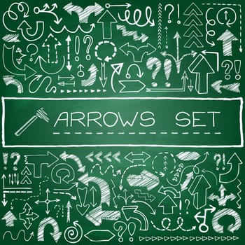 Hand drawn arrow icons set with question and exclamation marks on green chalkboard. Vector Illustration.