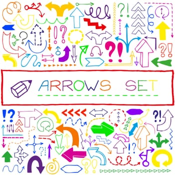 Hand drawn colorful arrow icons with question and exclamation marks. Vector illustration.