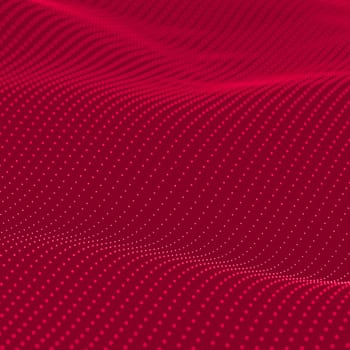 Red background. Abstract bokeh dots waves. 3D illustration.