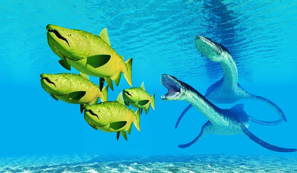 Atlantic Salmon fish flee from predatory Plesiosaurus reptiles hunting them