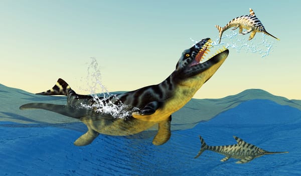 A Eurohinosaurus jumps out of the sea trying to get away from a Dakosaurus marine predator.