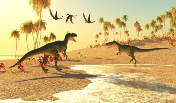 Monolophosaurus theropod dinosaurs search for prey along an  ocean beach as Dorygnathus reptiles fly over.