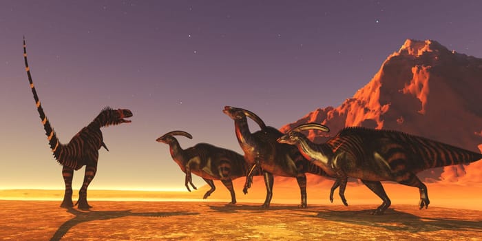 A theropod carnivorous Rajasaurus dinosaur confronts a herd of Parasaurolophus sauropods.
