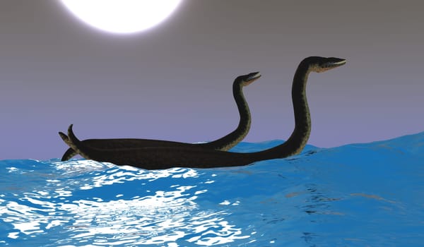Two Plesiosaurus carnivorous reptiles have fun riding ocean waves on a moonlit night.