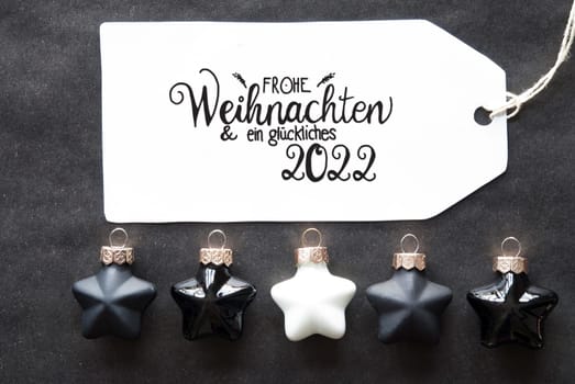 Label With German Calligraphy Frohe Weihnachten Und Ein Glueckliches 2022 Means Merry Christmas And A Happy 2022. Black Christmas Ball Ornament.