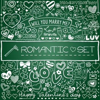 Doodle set of hearts, arrows, bows, presents, flowers etc. Design elements for Valentines Day, wedding invitation, baby shower, birthday card etc. Vector illustration.