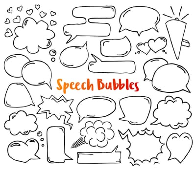 Hand drawn speech bubbles. Ink pen sketch doodles ready to add text. Graphic design sketch style elements for children comics, child book, mobile app, infographics, poster, flyer. Vector illustration
