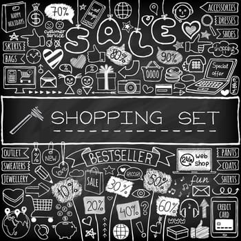 Shopping doodle set. Chalk board effect. Hand drawn icons collection with discount tags, computer, smartphone, gift box, hearts, stars and banners. Online shopping, holiday and season sale concept.