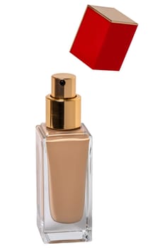 Cosmetic labels. Close-up of an opened glass bottle with liquid skin foundation isolated on a white background. Makeup concept of moisturiser and toner creme. Macro.