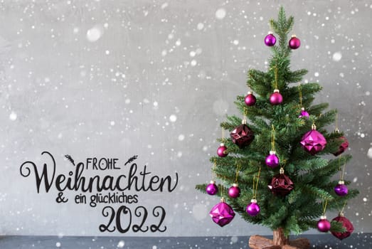 German Calligraphy Frohe Weihnachten Und Ein Glueckliches 2022 Mean Merry Christmas And A Happy 2022. Tree With Purple Christmas Ball Ornament. Gray Background With Snowflakes