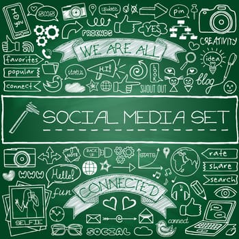 Doodle social media icons set with chalkboard effect. Networking concept with speech bubbles, mobile phone, tags with captions and other design elements
