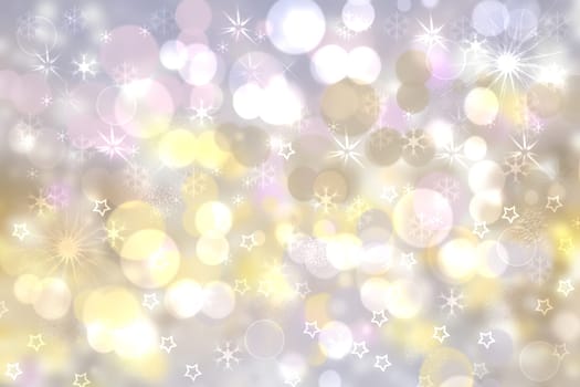 A festive abstract delicate Happy New Year or Christmas background texture with colorful gold yellow pink blurred bokeh lights and stars. Space for design. Card concept or advertising.