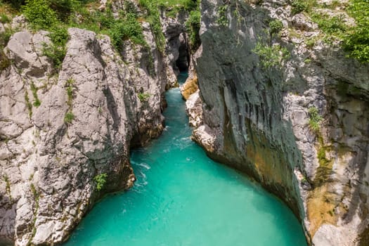 Magical turquoise color of Soca river, Slovenia.