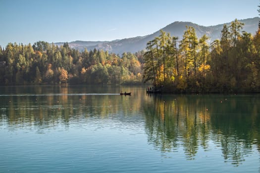 Panorama of lake Bled with St. Marys Church of the Assumption on the small island. Zaka, Bled, Slovenia, Europe.