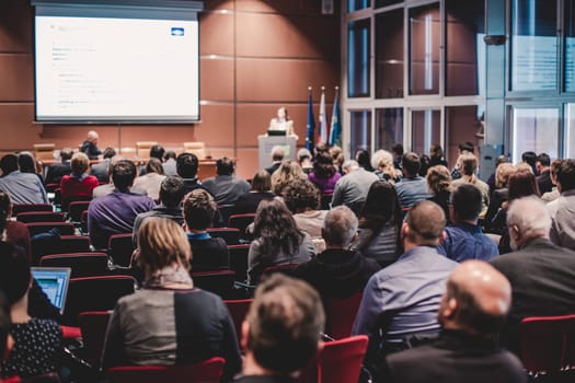Business and entrepreneurship symposium. Speaker giving a talk at business meeting. Audience in the conference hall. Rear view of unrecognized participant in audience.