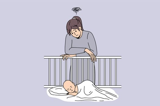 Unhappy young woman near baby crib thinking struggling with postpartum depression. Upset tired mother suffer from psychological emotional mental problems after pregnancy. Vector illustration.