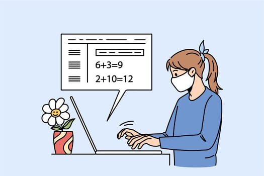 Sick girl in facemask study online on laptop at home quarantine. Ill child learner in facial mask have remote class on computer on lockdown. Distant education, covid-19. Flat vector illustration.