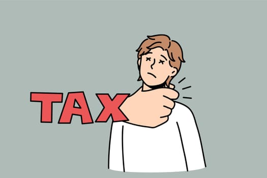Stressed man get suppressed by tax payments suffer from financial burden. Unhappy anxious male have finance problems. Debt and bankruptcy concept. Banking issues. Vector illustration.