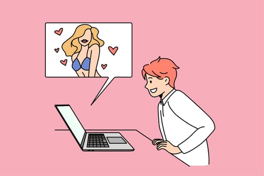 Smiling teen boy look at computer screen watch only for adults video on device online. Happy child or kid use laptop for banned censored content. Parental control, censorship. Vector illustration.