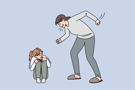 Angry mother shout yell at scared little daughter feel unprotected in family. Furious mad aggressive mom scream at stressed girl child. Psychological abuse, domestic violence. Vector illustration.