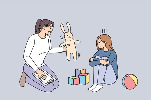 Woman psychologist help teen girl child feeling depressed of school bullying. Female counsellor give toy talk with stressed kid struggle with depression or mental problems. Vector illustration.