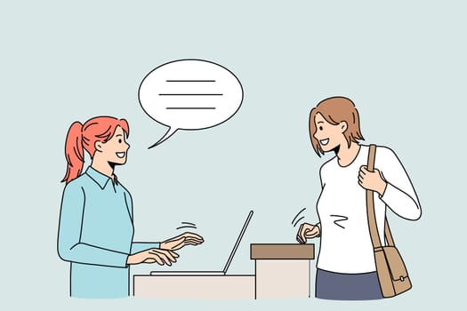 Smiling female client talk with caring receptionist in hotel ask advice or help. Happy woman customer speak with administrator working on computer sitting at desk. Good service. Vector illustration.