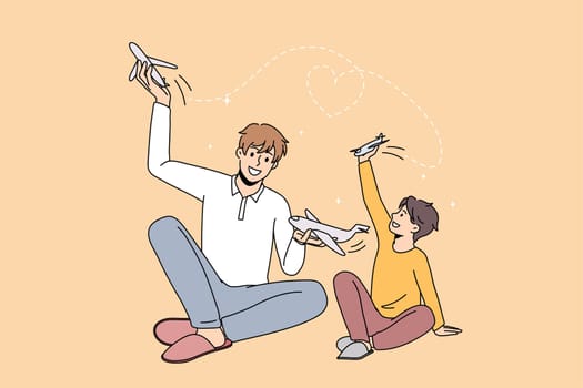 Smiling young father play with small son with airplanes. Loving happy dad have fun enjoy family weekend with boy child with toys engaged in game together. Vector illustration, cartoon character.