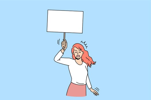 Confident woman activist with placard in hands protest against gender discrimination on street. Determined female volunteer march for equal rights. Freedom of speech. Flat vector illustration.