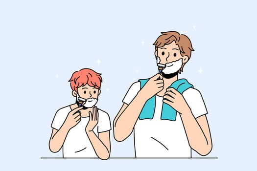 Happy caring young father teach teenage son shaving beard in home bathroom. Loving dad and teen child use razor for face care. Children growing up, upbringing. Fatherhood. Vector illustration.
