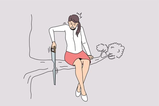 Unhappy young businesswoman sit on tree cut branch she sitting on. Distressed female employee involved in risky business project, feel trapped with idea. Work stress concept. Vector illustration.