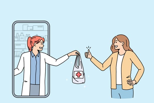 Happy woman client order medication at online pharmacy from doctor. Smiling female customer buy drugs medicines on internet using smartphone web application. Healthcare. Flat vector illustration.