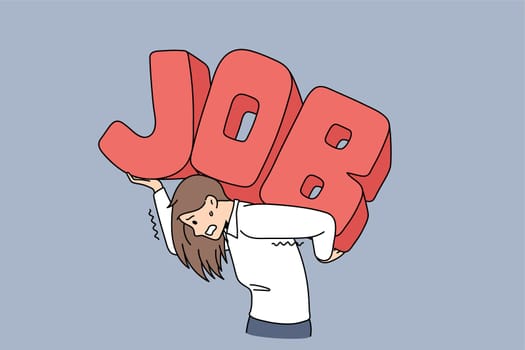 Exhausted businesswoman carry on back word letter Job struggle with overload in office. Tired unwell woman employee suffer overwhelmed with workload. Overwork concept. Vector illustration.