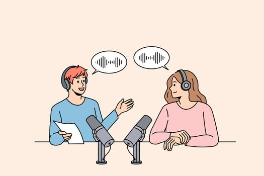 Smiling man radio host talk with guest in studio. Happy male presenter speak with woman, have communication record podcast together. Entertainment industry. Flat vector illustration.