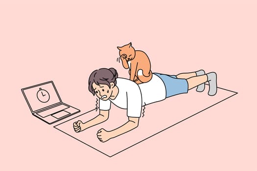Sporty woman stand in plank, lazy cat sitting on back. Toned active girl follow healthy lifestyle do sports with online training lesson or class on computer at home on lockdown. Vector illustration.
