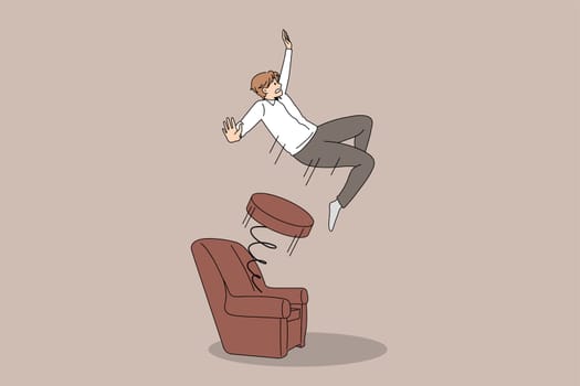 Male employee pushed out from chair with spring. Man worker dismissed fired from job in company or corporation. Firing and dismissal concept. Unemployment. Flat vector illustration.