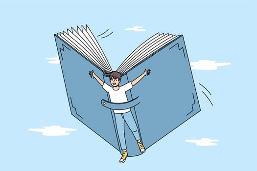 Smiling boy child flying on book explore new world reading literature. Happy kid discover horizons with fairytales or novels. Booklover, education and self-development concept. Vector illustration.
