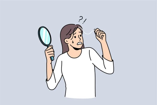 Anxious woman look in mirror find grey hair scared of early aging. Worried unhappy female feel stressed shocked become grey-haired. Life personal changes concept. Maturity. Flat vector illustration.