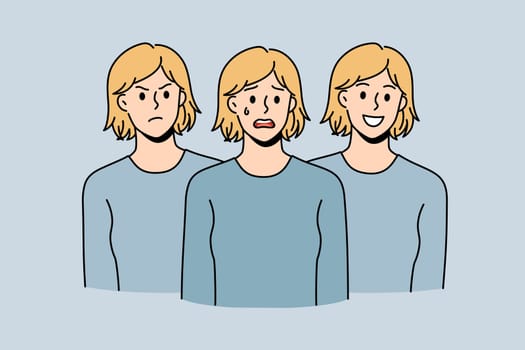 Young woman have different emotions suffer from bipolar disorder. Girl feel emotional struggle with mental or psychological problems. Healthcare. Psychology and counseling. Vector illustration.