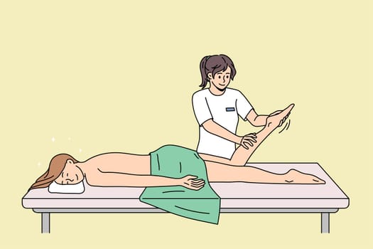 Smiling masseur make body massage to satisfied female client in spa. Calm happy woman relax on table in saloon have body care procedures. Relaxation day, healthcare concept. Flat vector illustration.