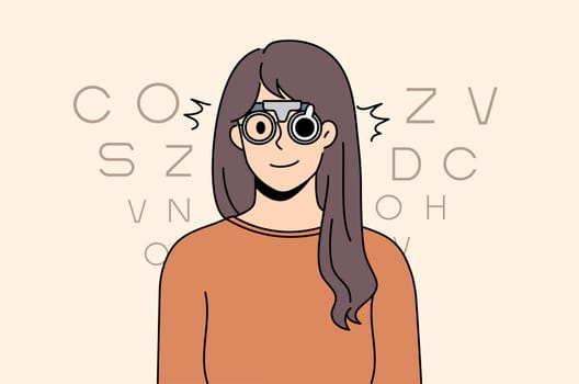 Portrait of woman in glasses check eyesight at optician cabinet in hospital. Female patient have examination or testing do sight correction buy spectacles from optics salon. Flat vector illustration.