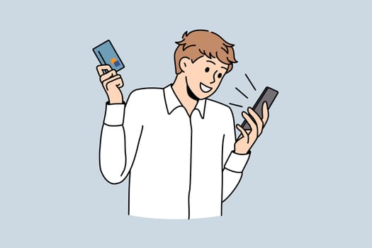 Excited young man shopping online on smartphone with credit or debit card. Smiling guy make purchase pay bills on internet on cellphone using web banking app. Flat vector illustration.